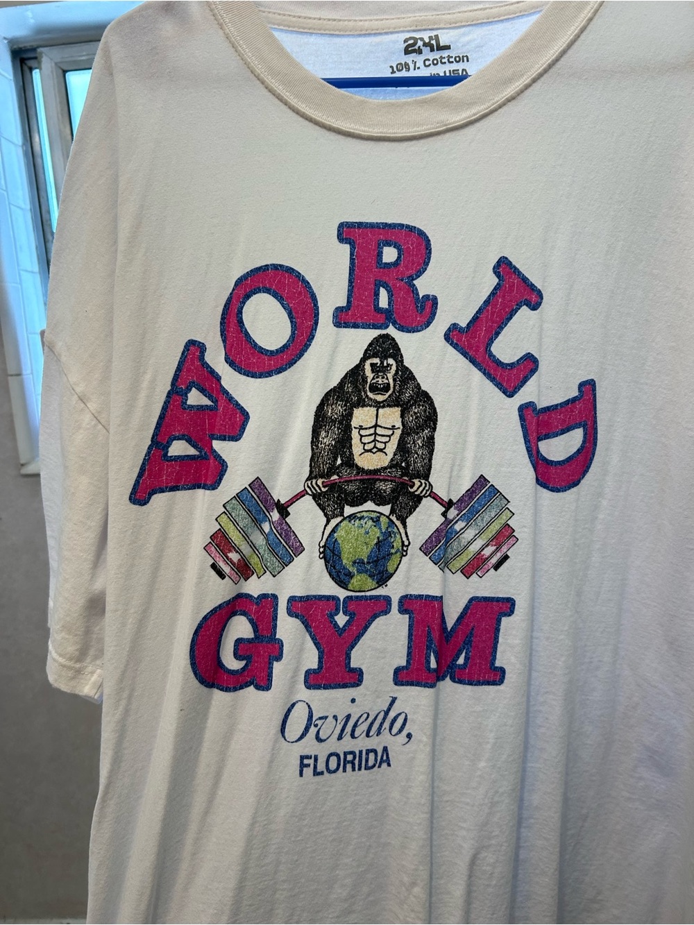 World Gym Oviedo Florida Graphic Tee - White with Pink & Blue Print